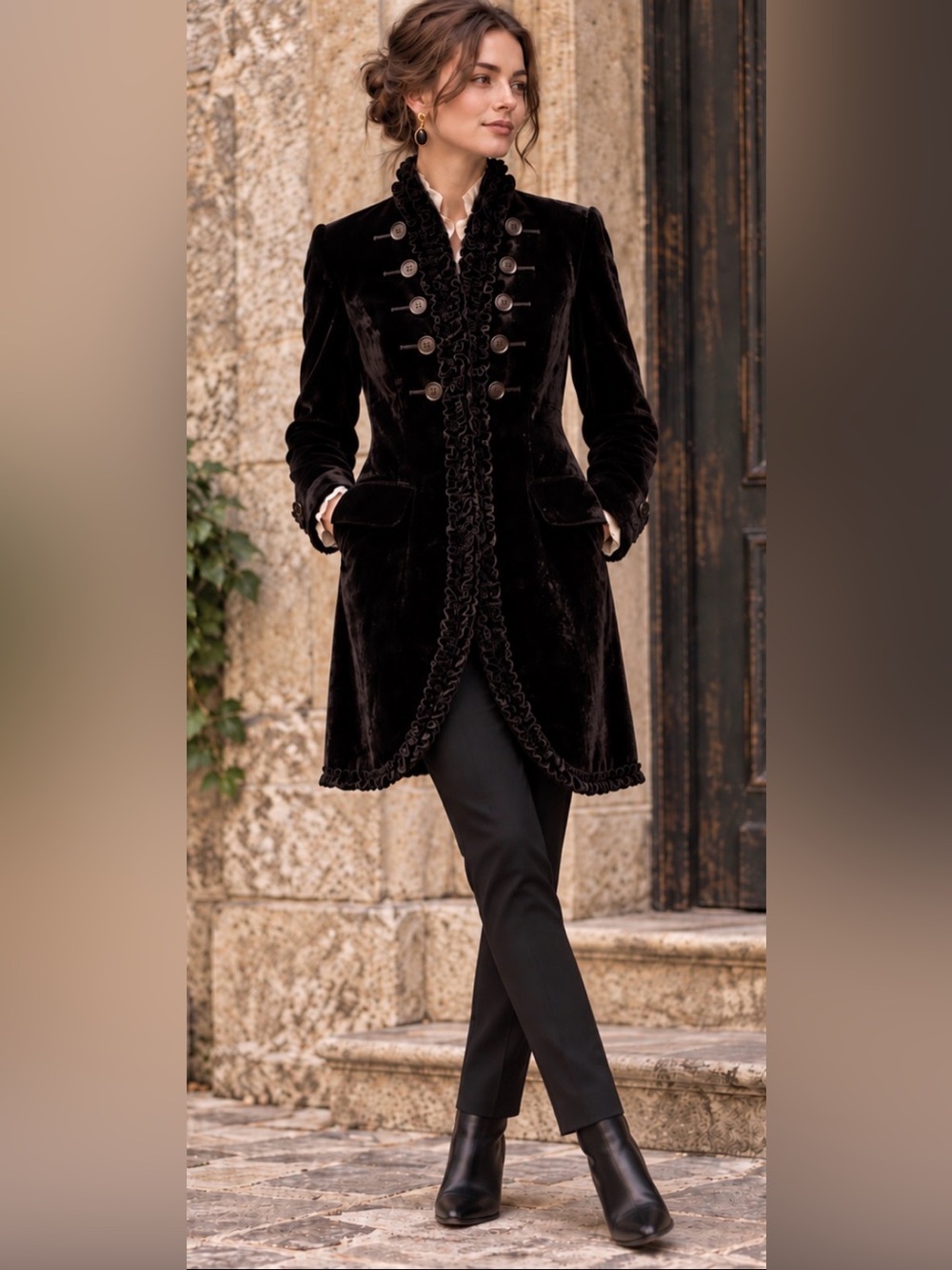 VINTAGE SCAPA Black Velvet Frock Coat Military Gothic Victorian Long Jacket(12)